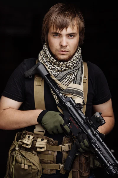 Terrorist during the special secret operation on dark background — Stock Photo, Image