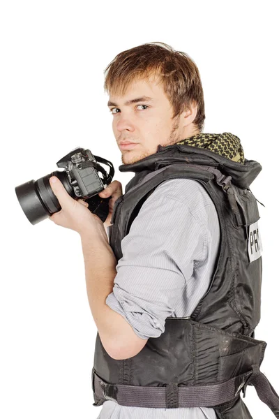 Press photographer wears a protective vest and takes photos with — Φωτογραφία Αρχείου