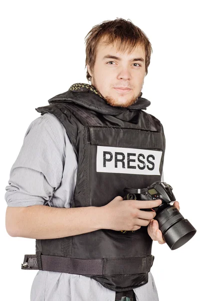 Fotógrafo de prensa lleva un chaleco protector y toma fotos con —  Fotos de Stock