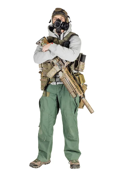 Rebel with gas mask and rifles against a white background — ストック写真