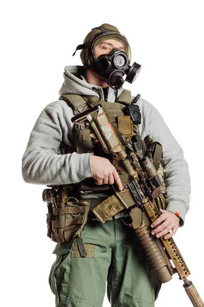 Rebel with gas mask and rifles against a white background — Stock Photo, Image