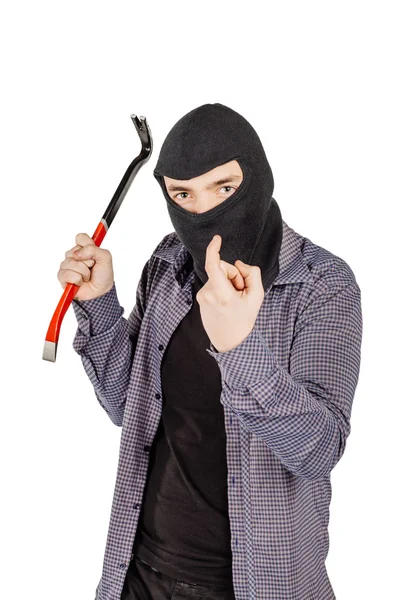 Ladrão ladrão em balaclava máscara com metal pé de cabra isolado — Fotografia de Stock