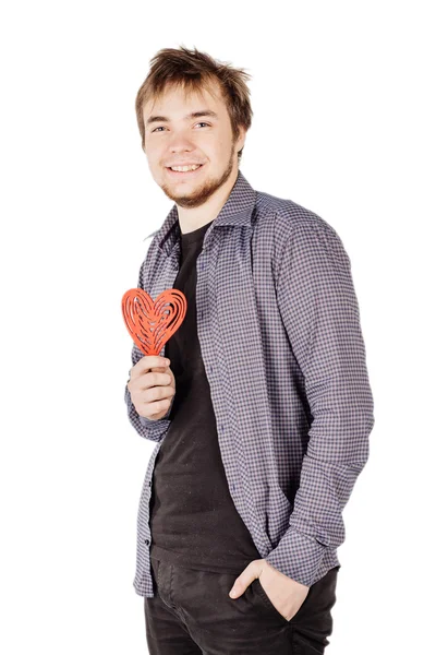 Mann mit rotem Herz auf der Hand isoliert auf weißem Hintergrund — Stockfoto