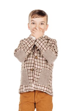 Portrait adorable young happy boy looking at camera isolated on  clipart