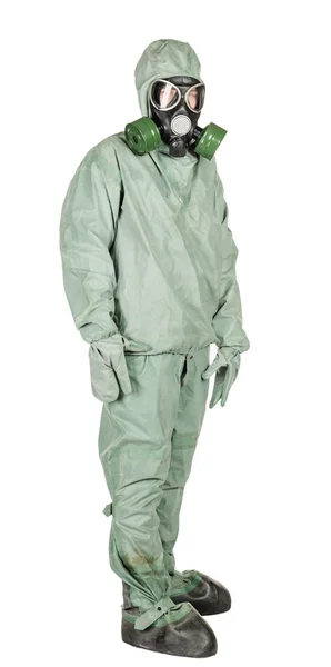 Homem com máscara protetora e roupas protetoras em pé — Fotografia de Stock