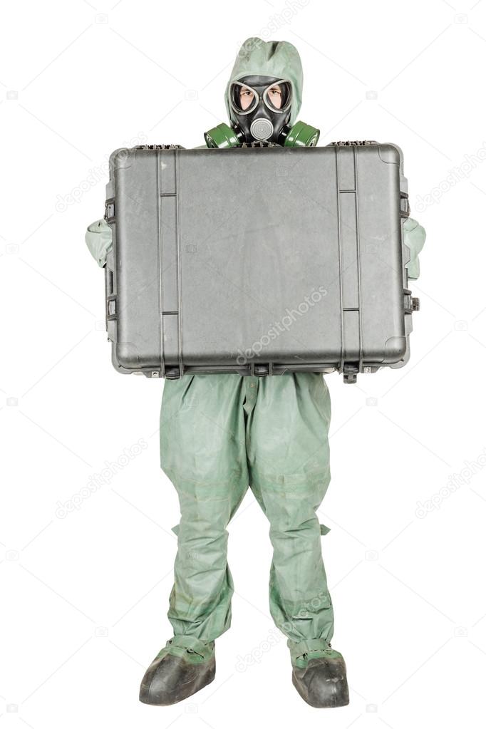 Man with protective mask and protective clothes prepares equipment