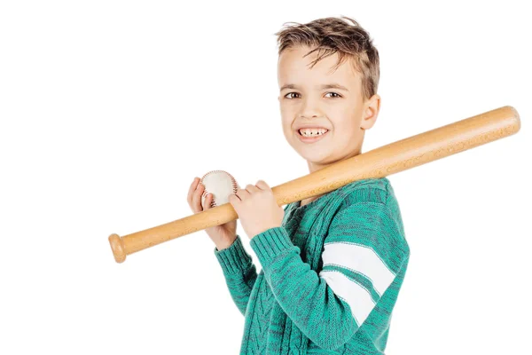 Jeune garçon heureux avec batte de baseball en bois et balle isolée — Photo