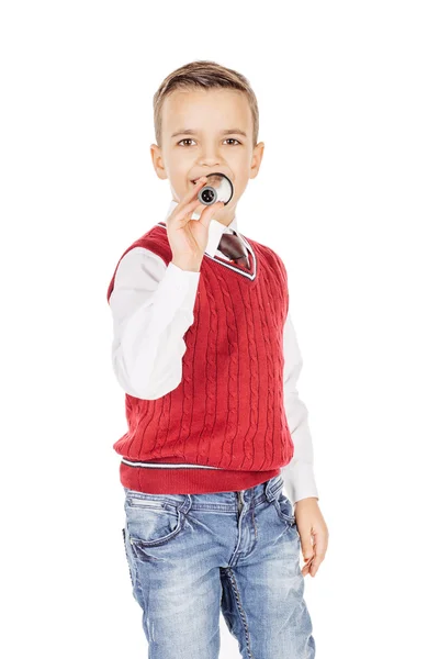 Portrait elegant young handsome joyful little kid singing — Stock Photo, Image