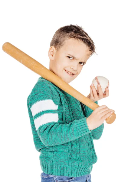 Jeune garçon heureux avec batte de baseball en bois et balle — Photo