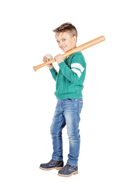 Jeune garçon heureux avec batte de baseball en bois et balle isolée — Photo