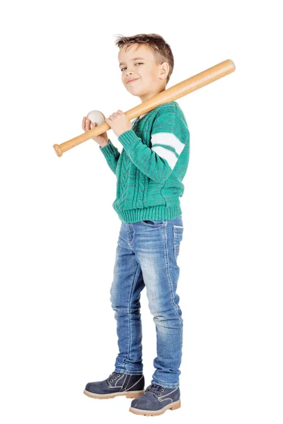 Jeune garçon heureux avec batte de baseball en bois et balle — Photo