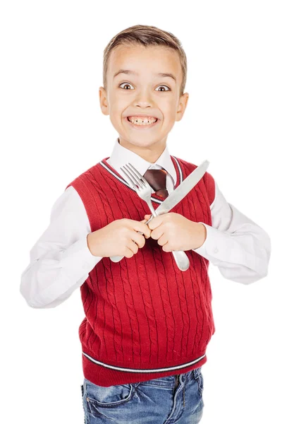 Γευστική αντίληψη. Πορτρέτο πεινασμένοι αγόρι κρατώντας μαχαιροπήρουνα πιρούνι και μαχαίρι στο χέρι — Φωτογραφία Αρχείου