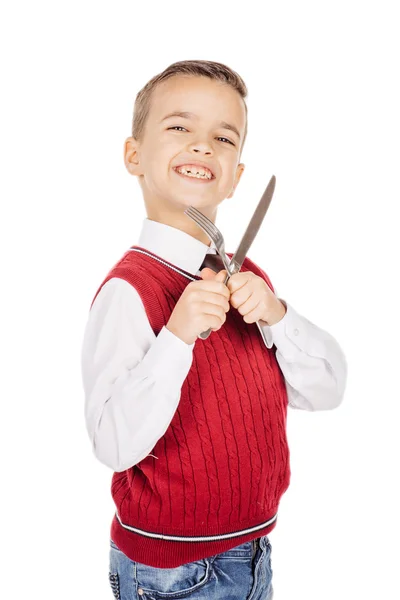 Conceito de jantar. Retrato Hungry Boy segurando talheres garfo e faca na mão — Fotografia de Stock