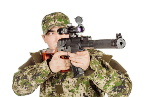 Soldier Holding Russian Sniper Rifle Training Soldiers Firing Weapon Terrorism — Stock Photo, Image