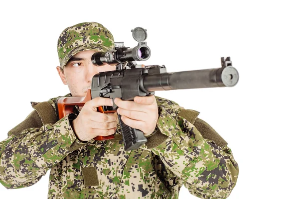 Soldier Holding Russian Sniper Rifle Training Soldiers Firing Weapon Terrorism — Stock Photo, Image