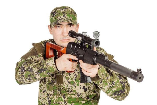 Soldado Com Uma Espingarda Russa Treinamento Soldados Disparando Arma Unidade — Fotografia de Stock