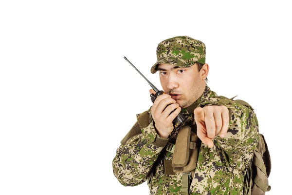 Young Officer Holds Radio Station Give Orders Subdivision — Stock Photo, Image