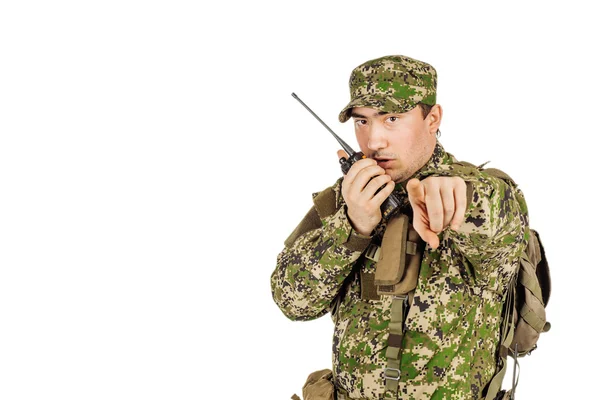 Young Officer Holds Radio Station Give Orders Subdivision — Stock Photo, Image