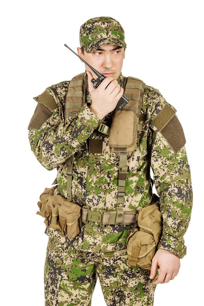 Young Officer Holds Radio Station Give Orders Subdivision — Stock Photo, Image