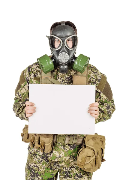 Portrait Soldier Gas Mask Holding White Sheet Paper White Background — Stock Photo, Image