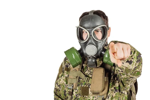 Portrait Soldier Gas Mask Pointing Finger You — Stock Photo, Image