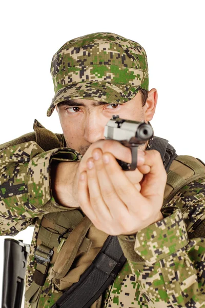 Portrait Private Military Contractor Aiming Handgyn Portrait Isolated White Studio — Stock Photo, Image