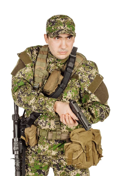 Portrait Private Military Contractor aiming handgyn. portrait is — Stock Photo, Image