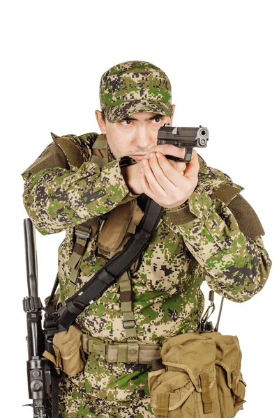 Πορτρέτο του ιδιωτικού αναδόχου στρατιωτική με στόχο handgyn. Πορτραίτο είναι — Φωτογραφία Αρχείου