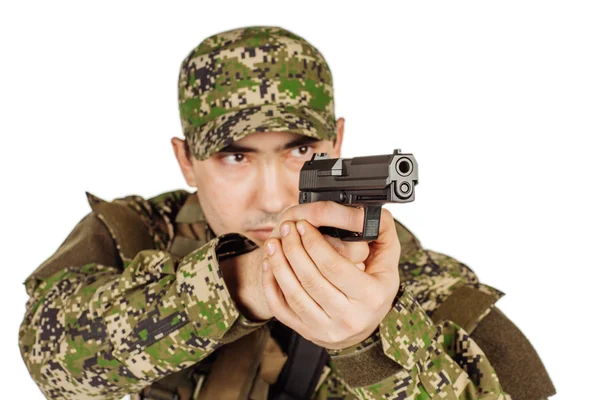 Portrait Private Military Contractor aiming handgyn. portrait is — Stock Photo, Image