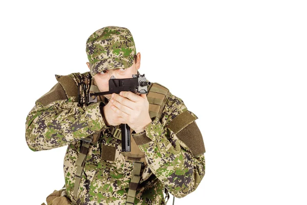 Portrait Private Military Contractor aiming handgyn. portrait is — Stock Photo, Image