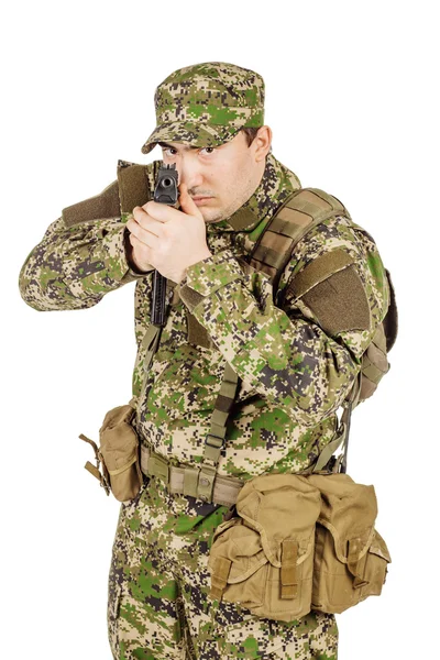 Portrait Private Military Contractor aiming handgyn. portrait is — Stock Photo, Image