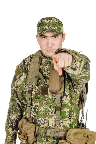 Serious Caucasian Soldier Green Camouflage Uniform Pointing Using Finger Isolated — Stock Photo, Image