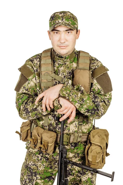 Militär Beruf Menschen Und Kriegskonzept Soldat Tarnung Mit Gewehr Weißer — Stockfoto