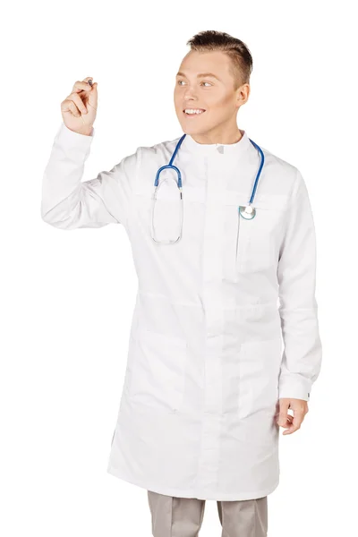 Junger männlicher Arzt in weißem Kittel mit Schrift auf leere Glasplatte oder — Stockfoto