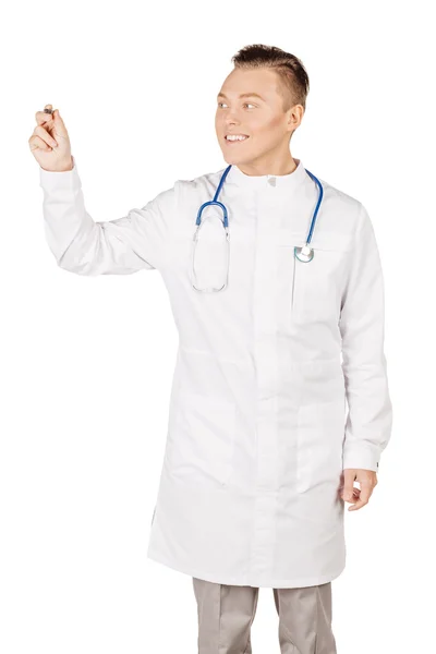 Junger männlicher Arzt in weißem Kittel mit Schrift auf leere Glasplatte oder — Stockfoto