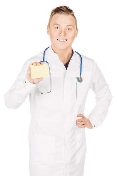 Medical doctor with stethosccope over the shoulder holding a sma — Stock fotografie