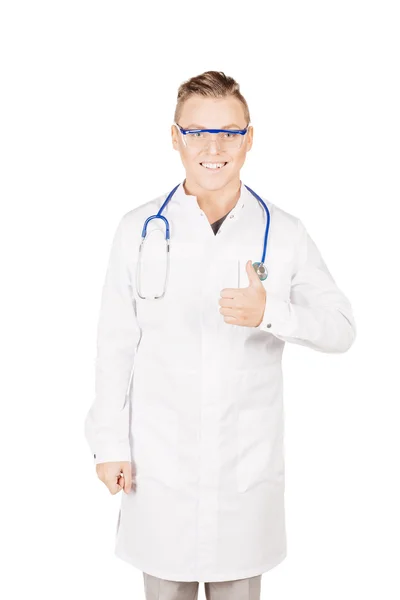 Doctor in white coat with stethoscope showing thumbs up sign.Peo — 스톡 사진