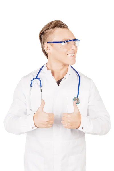Doctor in white coat with stethoscope showing thumbs up sign.Peo — Φωτογραφία Αρχείου