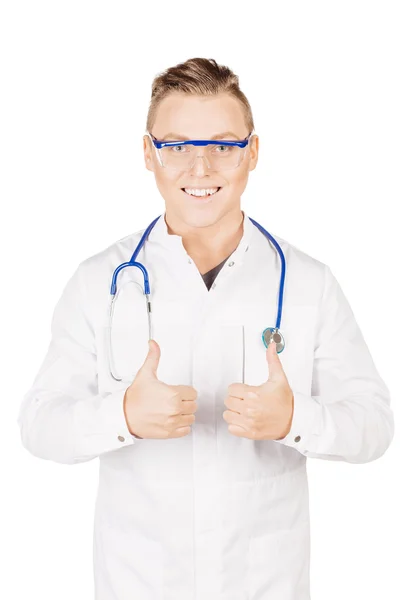 Doctor in white coat with stethoscope showing thumbs up sign.Peo — 스톡 사진