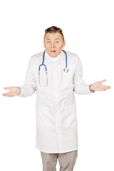 Young male doctor in white coat and stethoscope doubting. People — 스톡 사진