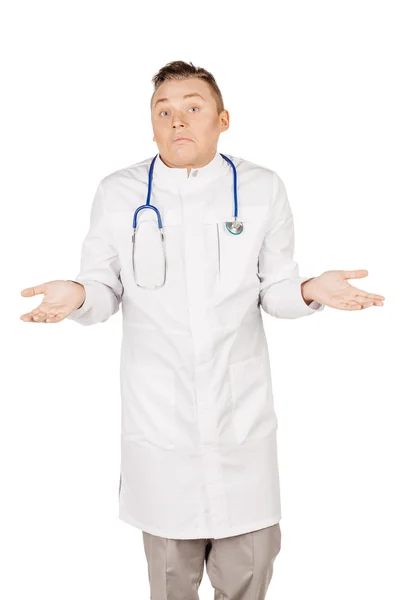 Young male doctor in white coat and stethoscope doubting. People — Φωτογραφία Αρχείου