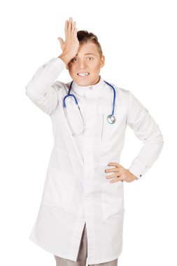 Young male doctor in white coat placing hand on head, palm on fa