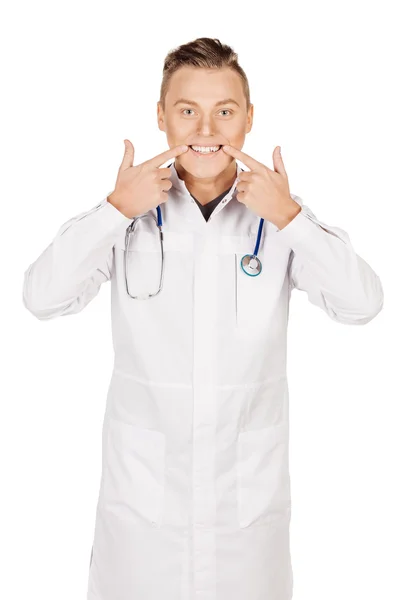 Young  male doctor in white coat and stethoscope smiling. People — Stockfoto