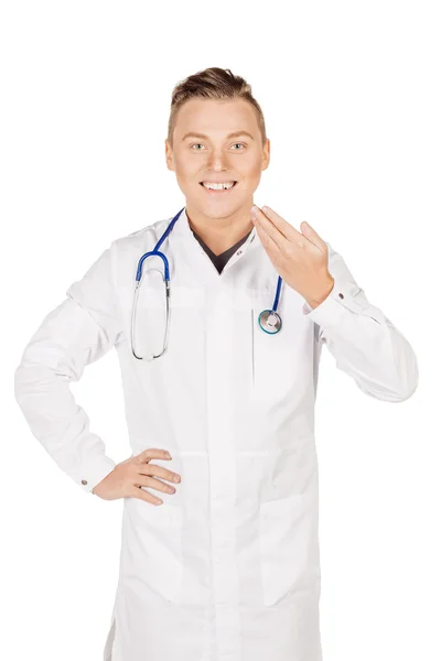 Young  male doctor in white coat and stethoscope smiling. People — Stock fotografie