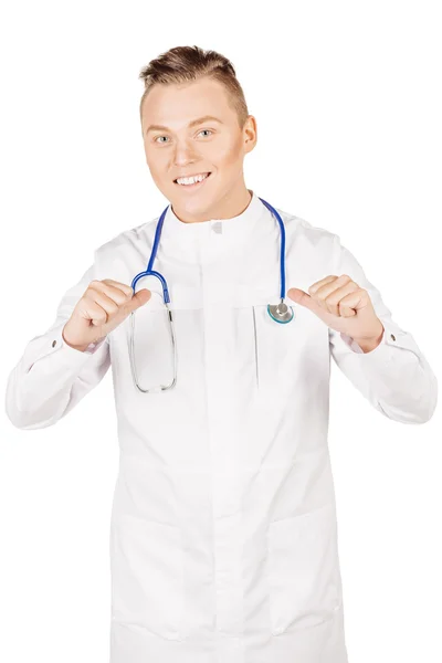 Medical doctor in white coat with stethoscope showing thumbs up — Stock Photo, Image