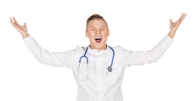 young male doctor in white coat screaming very emotionally. Peop