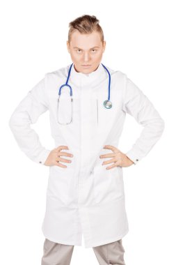 young male doctor in white coat looking very emotionally. People