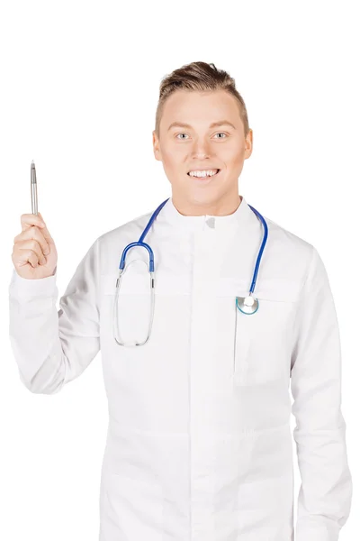 Young male doctor in white coat with pen point up. People and me — 스톡 사진