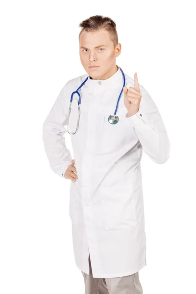 Confusión joven médico varón en bata blanca y estetoscopio. Peo. —  Fotos de Stock