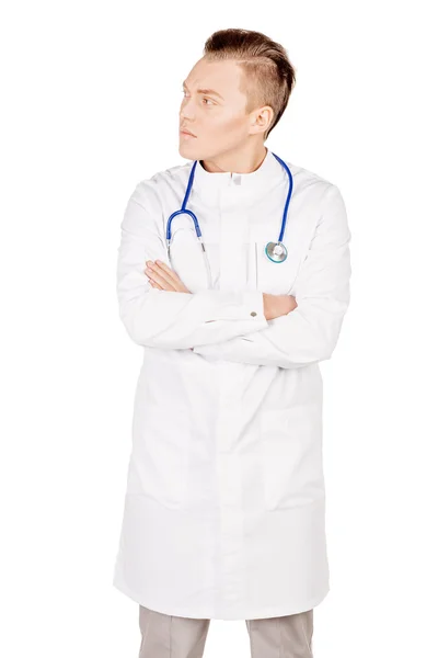 Σύγχυση νεαρό αρσενικό γιατρό σε λευκό παλτό και στηθοσκόπιο. ΠΕΟ — Φωτογραφία Αρχείου